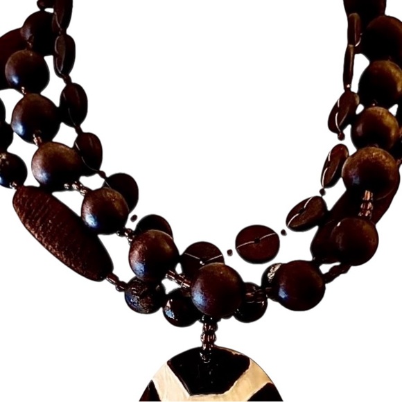 Bold Tribal Mosaic Triple Strand Wood Thread Acrylic Bead Necklace with Pendant - Picture 3 of 4